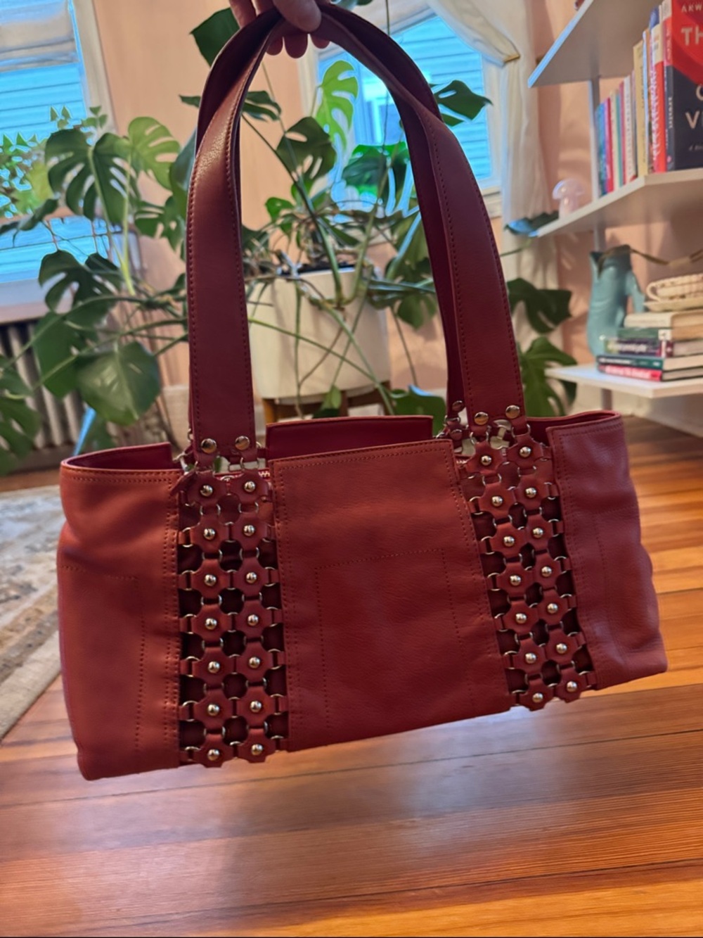 Maxx New York Burgundy Leather Shoulder Bag with Studded Lattice